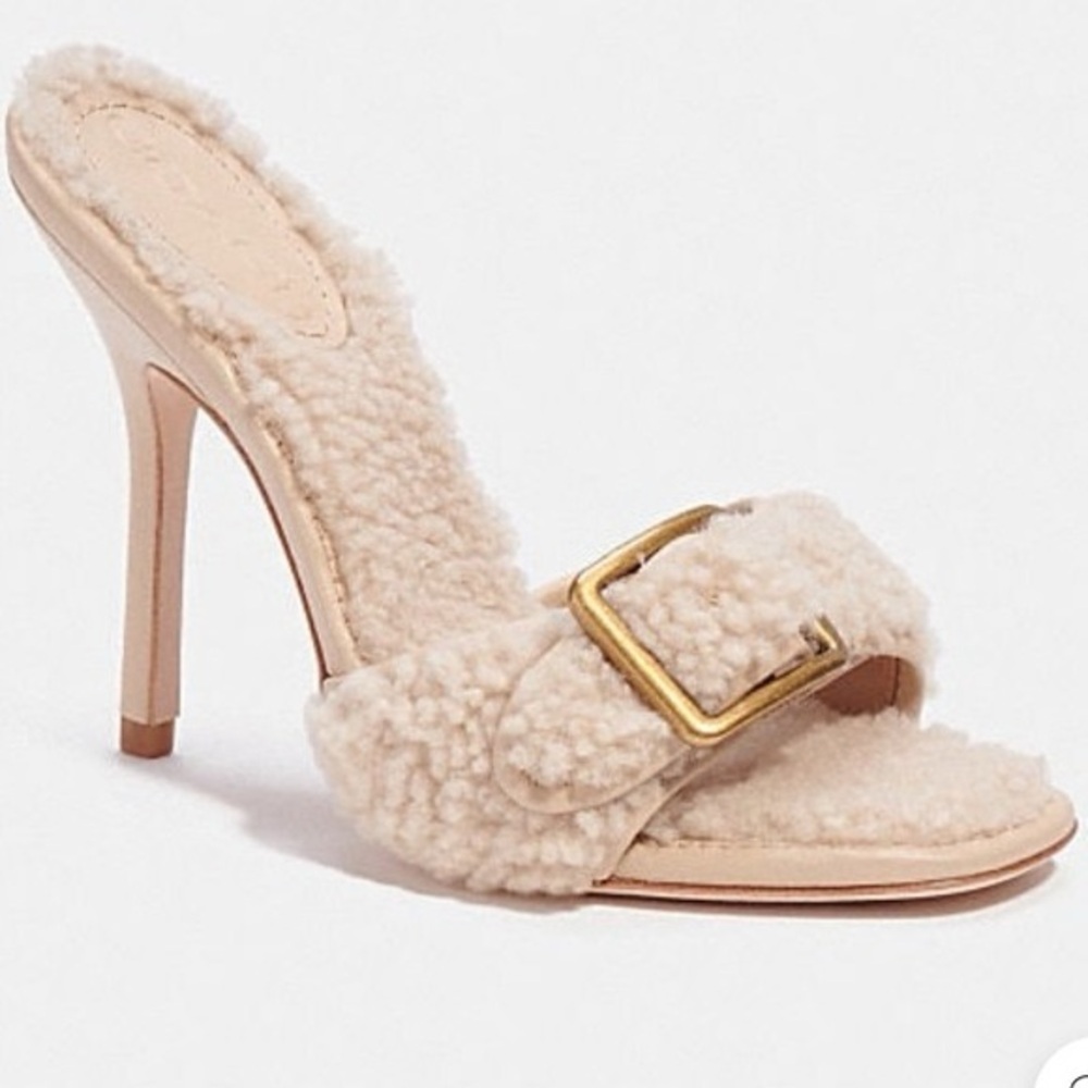 Coach Cream Fuzzy Heeled Mules